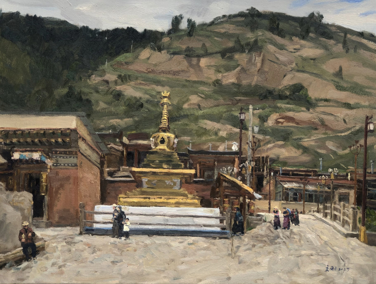 16《桥头的转经阁》60×80cm  布面油画 2023.jpg